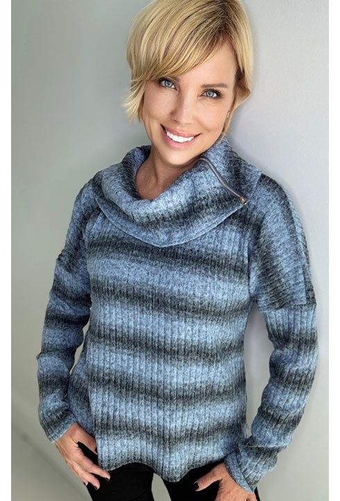 Zip Neck Sweater with Blue and Gray Stripes