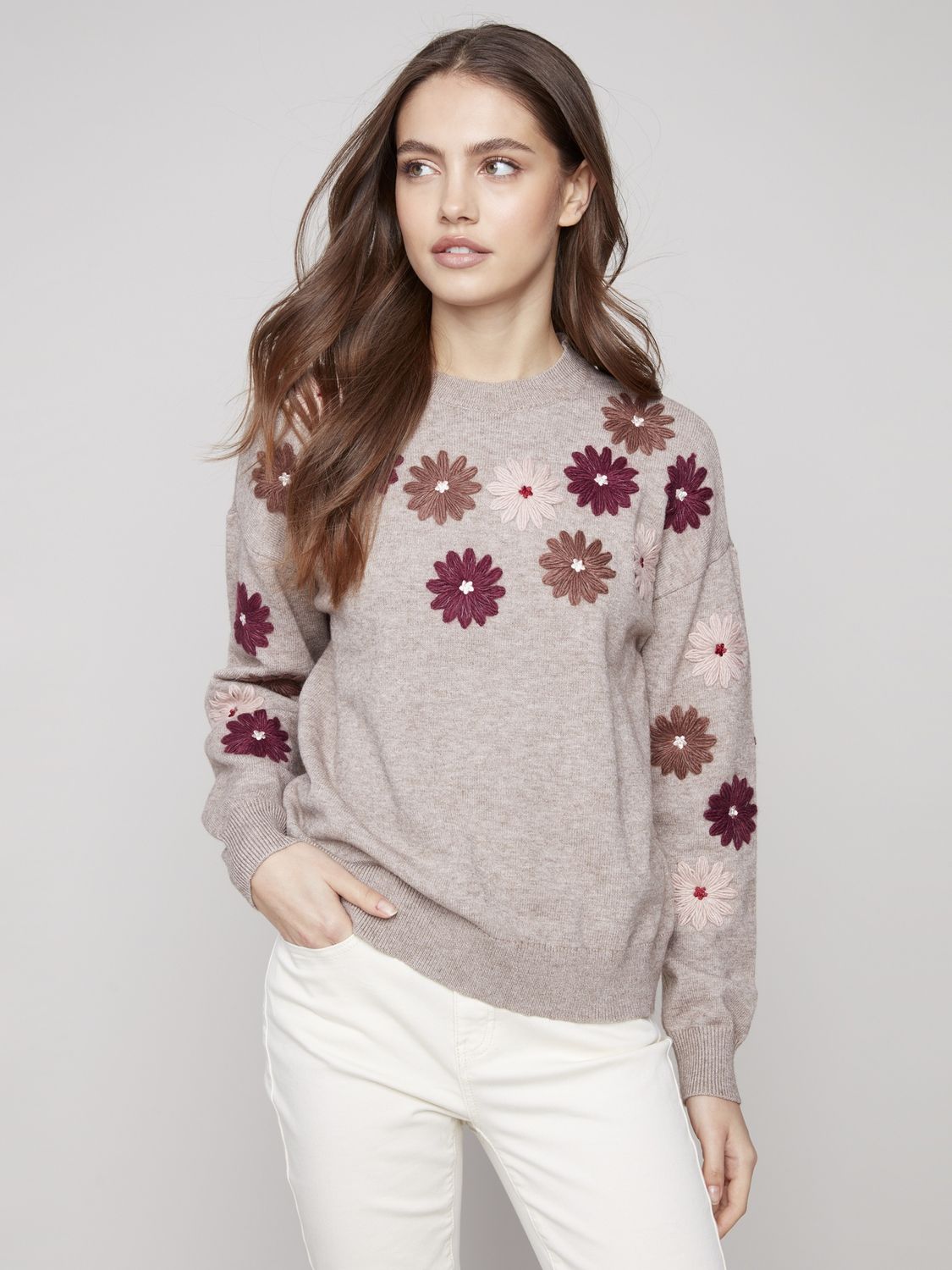 Floral Embroidery Sweater - Taupe