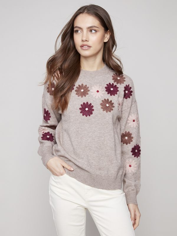 Floral Embroidery Sweater - Taupe