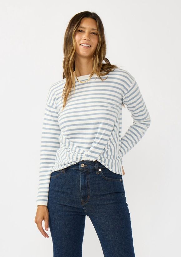 Horizontal Stripe Front Knot Pullover Sweater, Color: Ivory/Dusty Blue, Size: Small