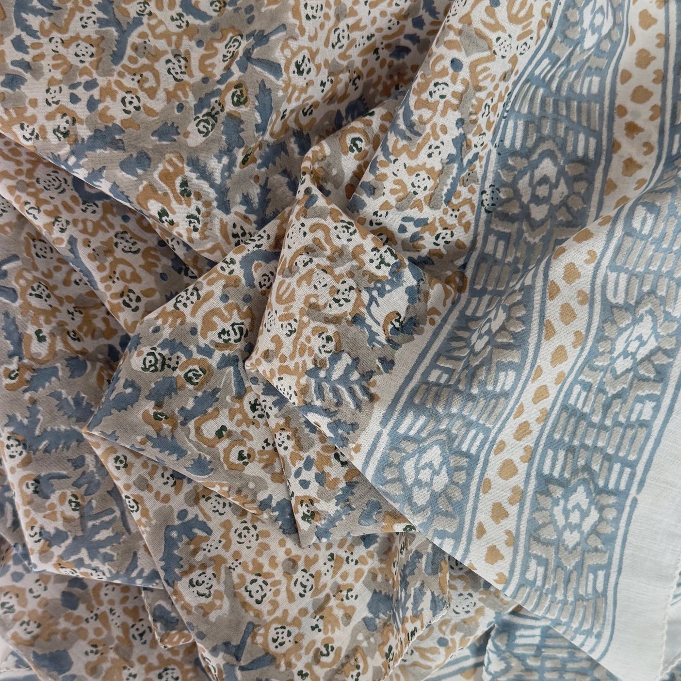 Handblocked Scarves, Color: Khaki/LightBlue