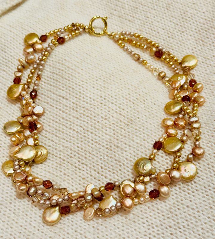 Multi Strand Pearl and Crystal Necklace with Spring Ring Clasp 17&quot;