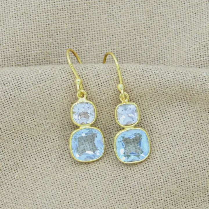 Natural Blue and White Topaz Earring Gold Plated Silver 925