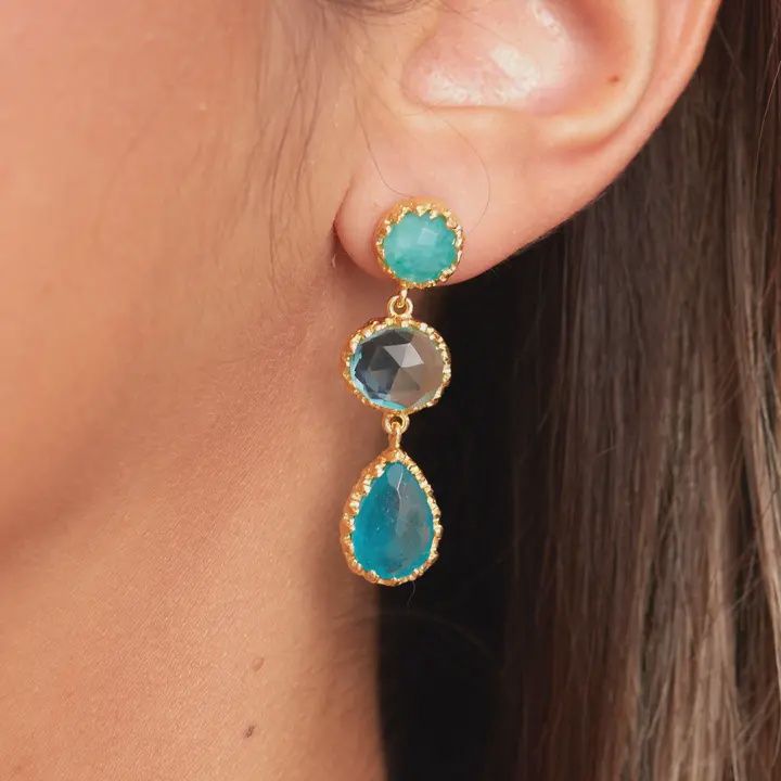 Odessa Earring Gold Plated Amazonite, Blue Topaz, and Jade