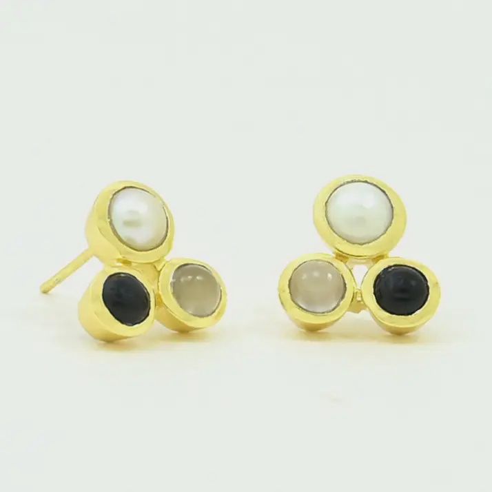 Ada Stud Earring Gold Plated Pearl, Grey Moonstone, and Onyx
