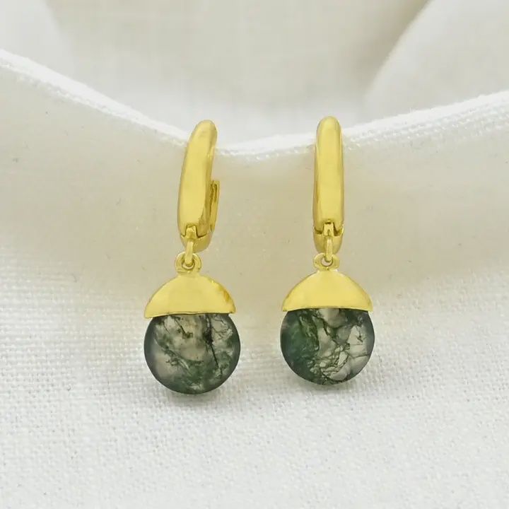 Annis Huggie Hoop Earring Gold Green Moss Agate
