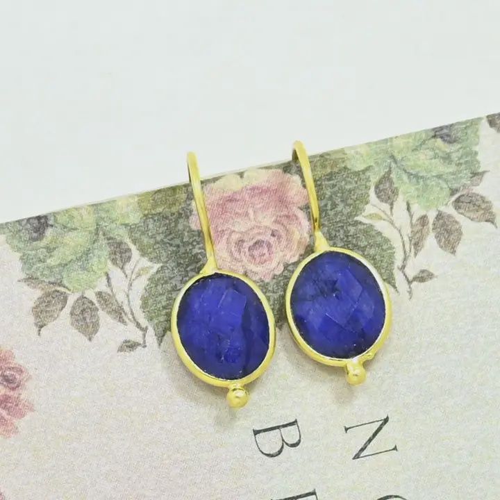 Oval Gemstone Earring Gold Plated 925 Silver Blue Sapphire