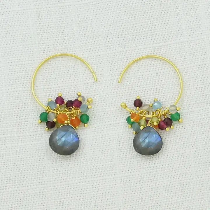 Colorful Beaded Hoop Earrings Gold with Labradorite