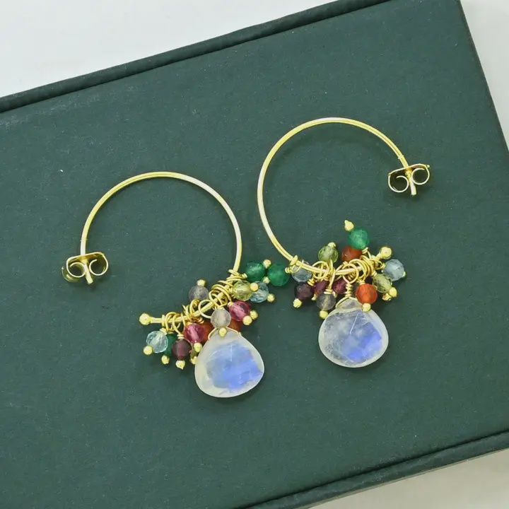 Colorful Beaded Hoop Earring Gold with Moonstone