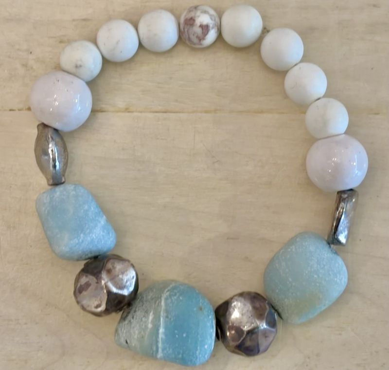 Chunky Bracelet- Pink Blue and White with Brass