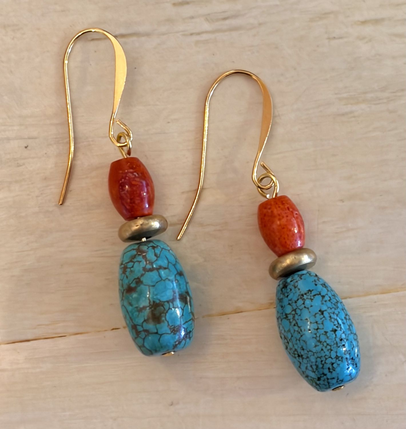 Carnelian Turquoise and brass earrings