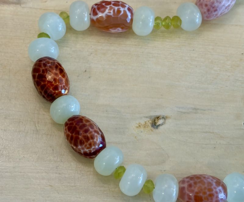 Fire Agate Necklace with Sterling Silver and Peridot Hook Clasp 17"