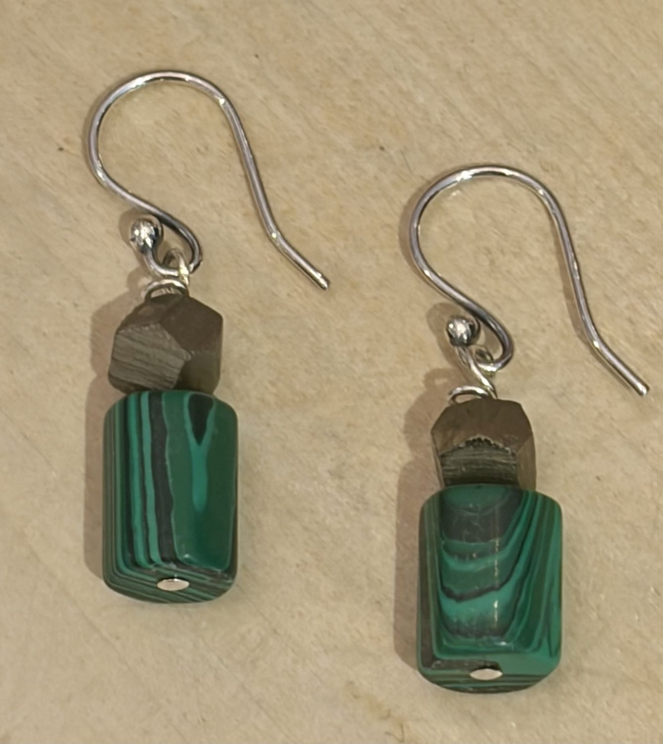 Jade Green Beads with Silver Cube Earrings with Sterling Silver Hook