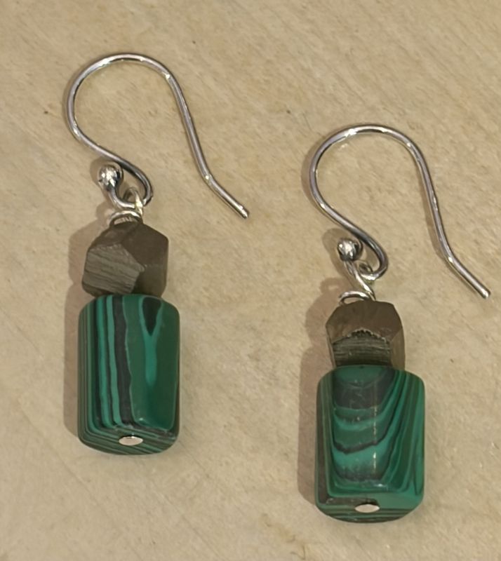 Jade Green Beads with Silver Cube Earrings with Sterling Silver Hook