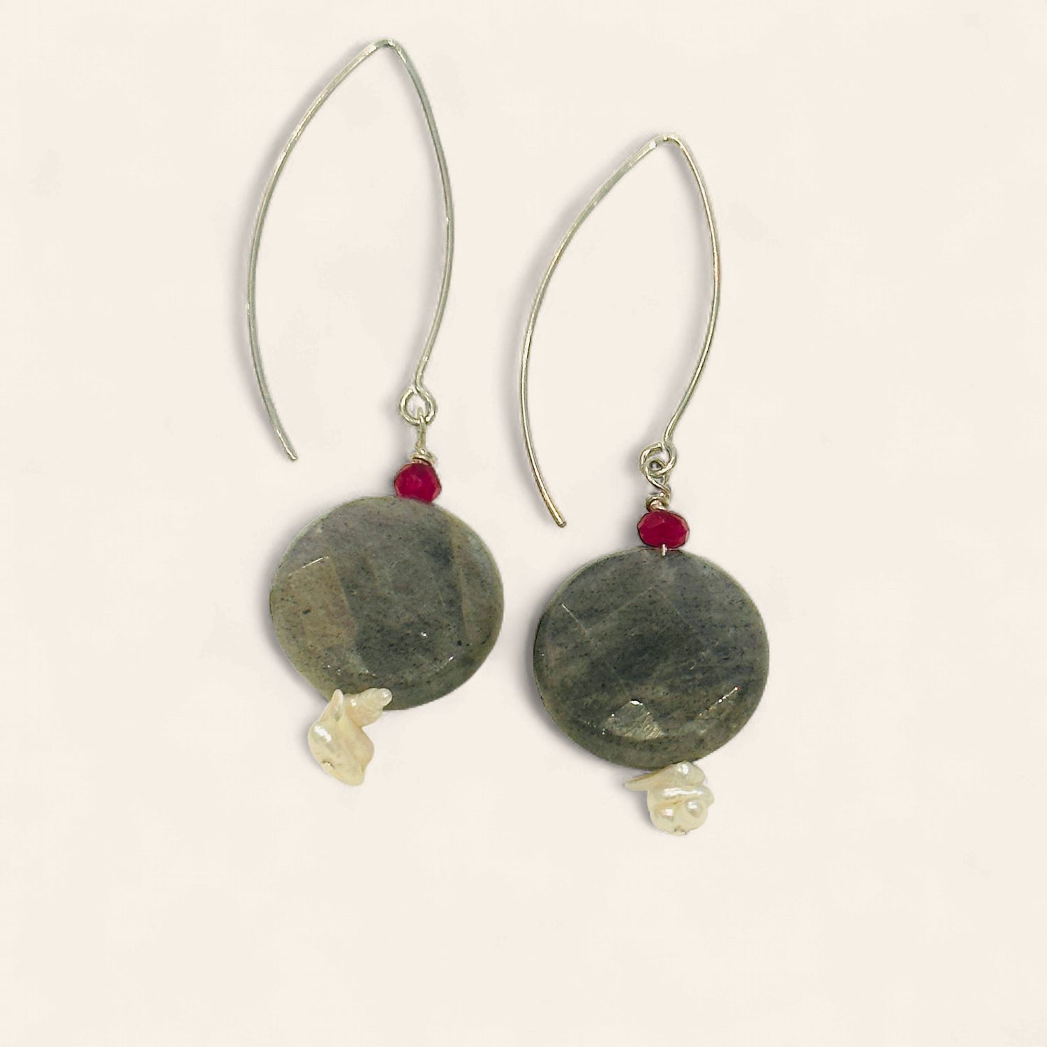 Labradorite Coin Beads with Pearl and Ruby Accents Earrings