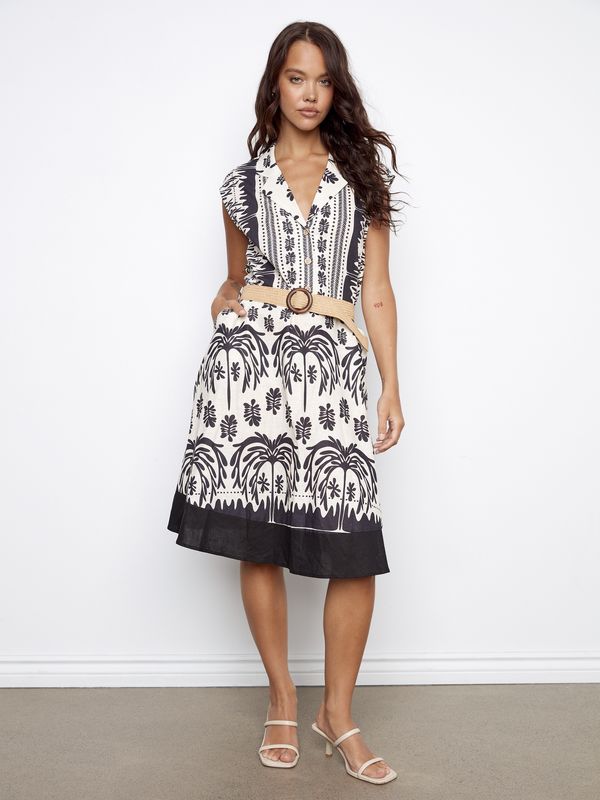 Linen Cap Sleeve Dress With Straw Belt