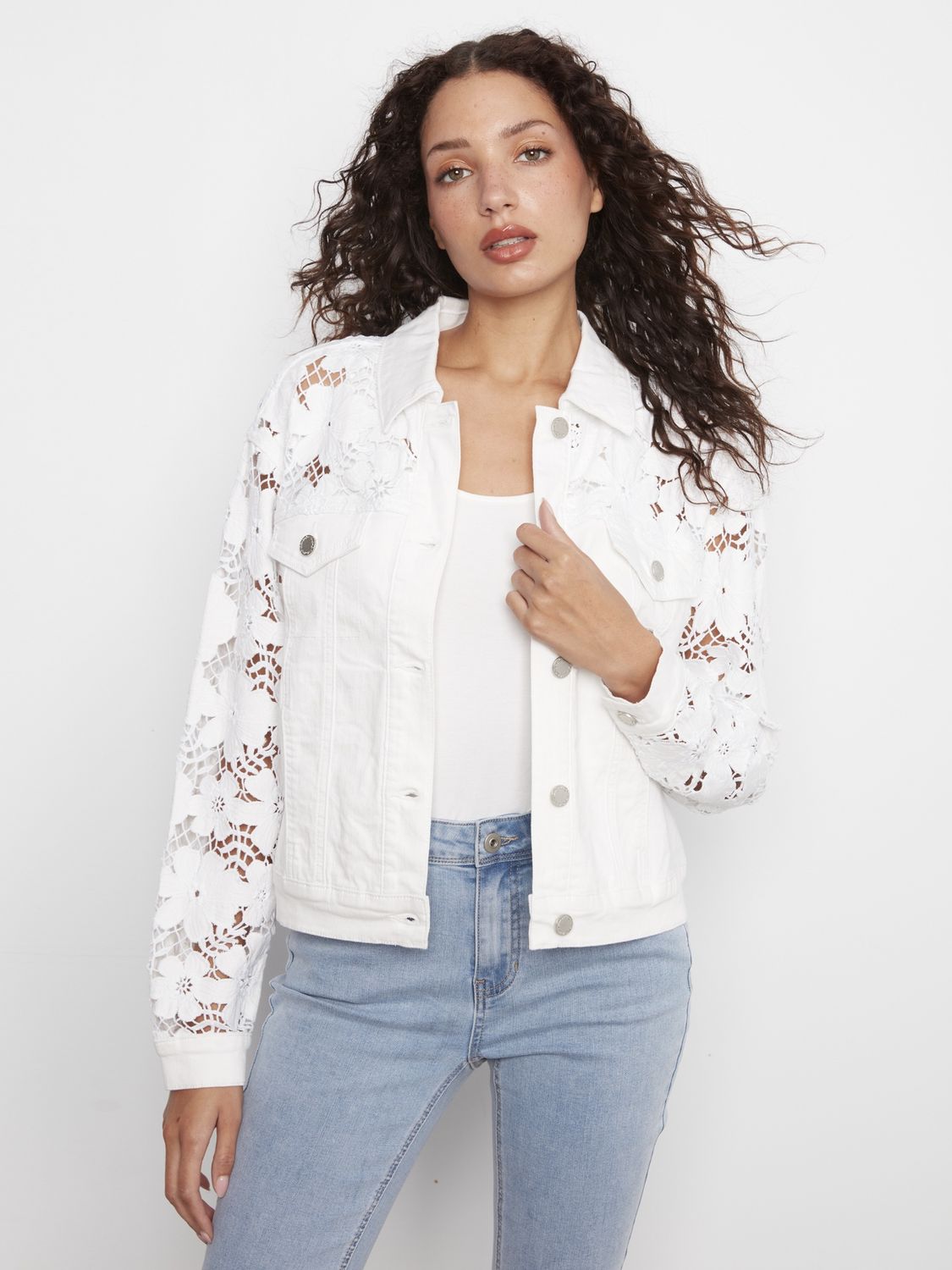 White Twill Jacket with Floral Cutouts