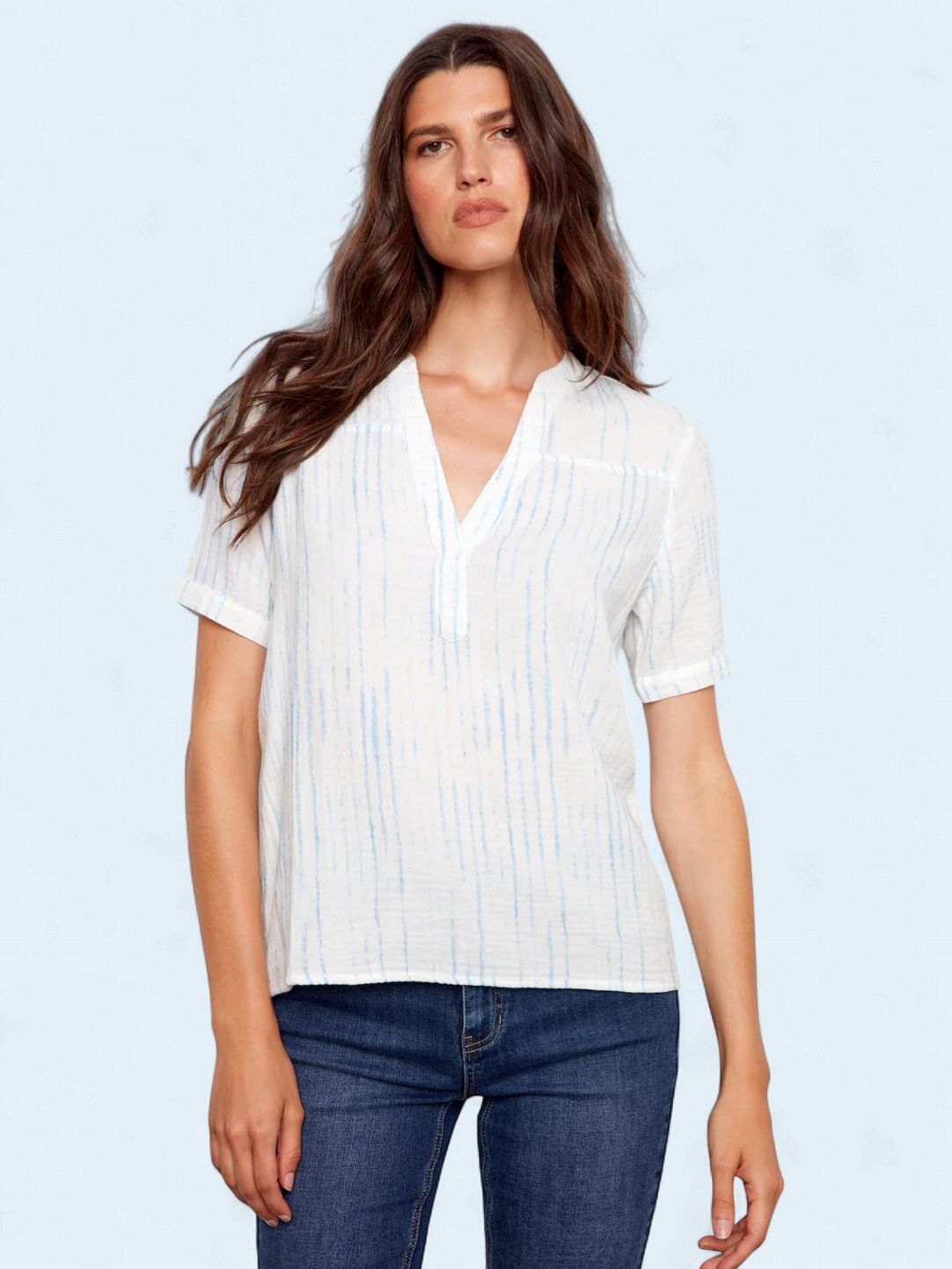 Split Neckline Printed Bubble Cotton Blouse