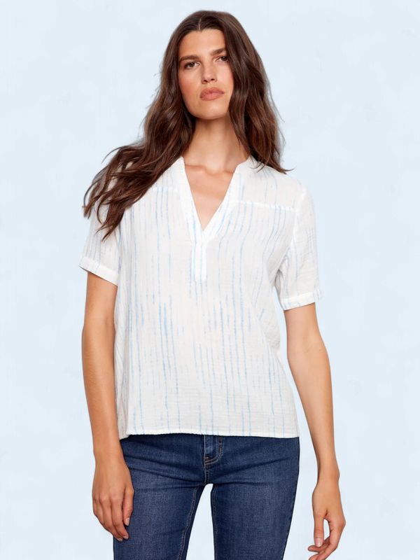 Split Neckline Printed Bubble Cotton Blouse