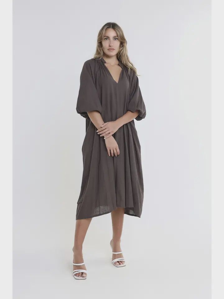 Blouson Sleeve Linen Dress, Color: Expresso