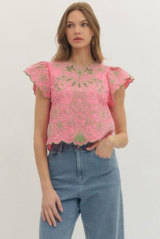 Embroidered Cotton Top Pink and Green