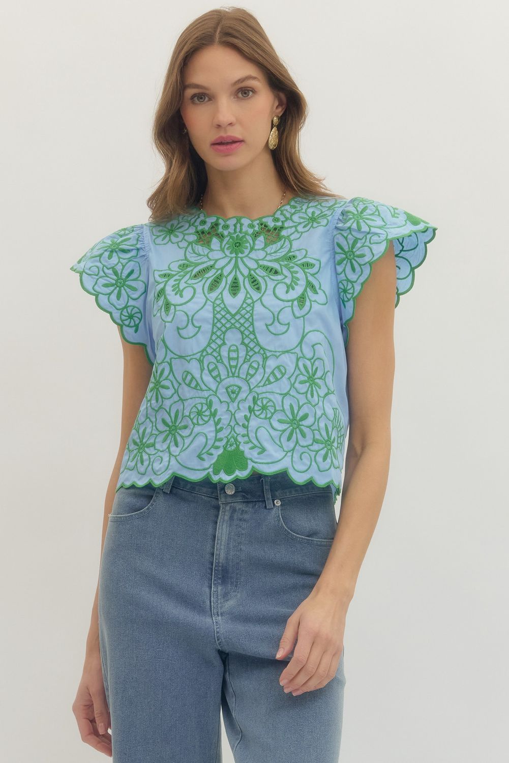 Embroidered Cotton Top Blue &amp; Green