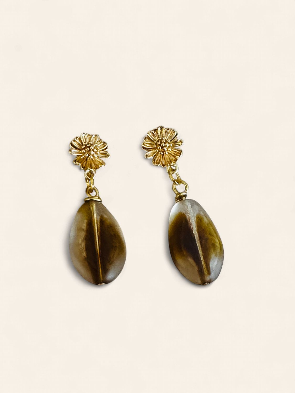 Brown Amber Earrings with Flower Ear Post