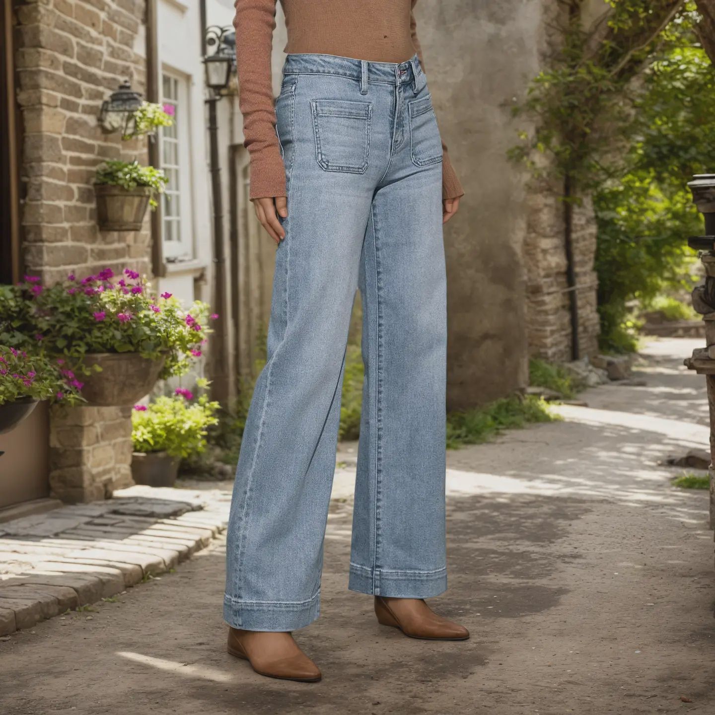 Women Vintage High Waist Slimming Wide Leg Pants, Color: Light Blue, Size: Small