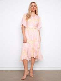 Printed Flutter Elbow Sleeve Wrap Dress with Belt