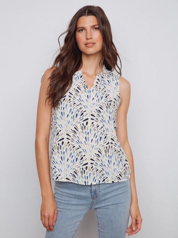 Printed Sleeveless Blouse with Ruffle