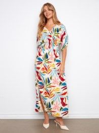 Printed Dolman Short Sleeve Maxi Faux-Wrap Dress