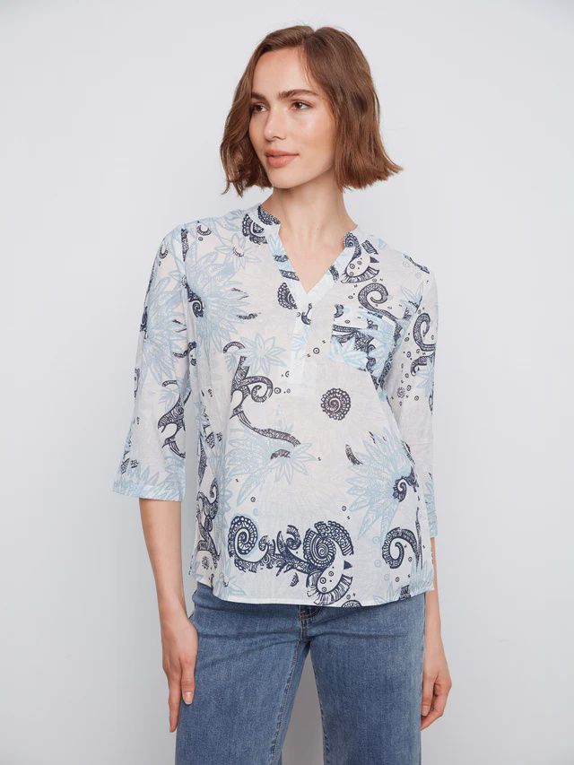 Printed Roll Up Sleeve Blouse