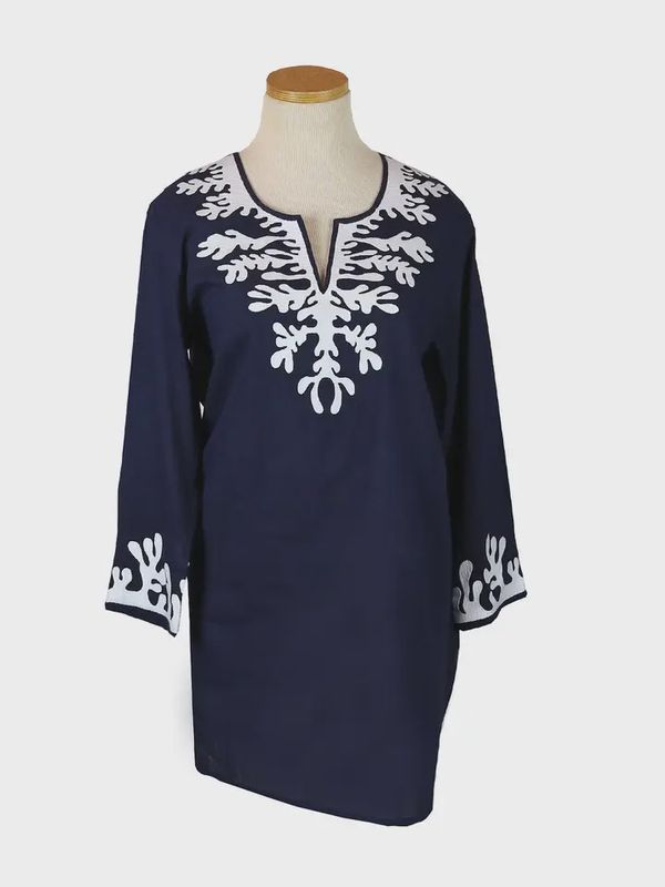 Navy Embroidered Coral Tunic