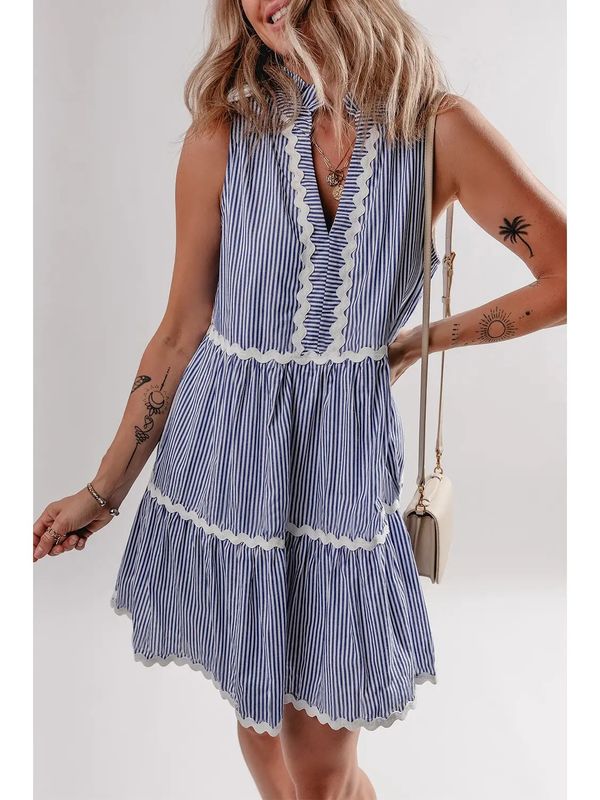 Striped Print Ric-Rak Trim Sleeveless Dress