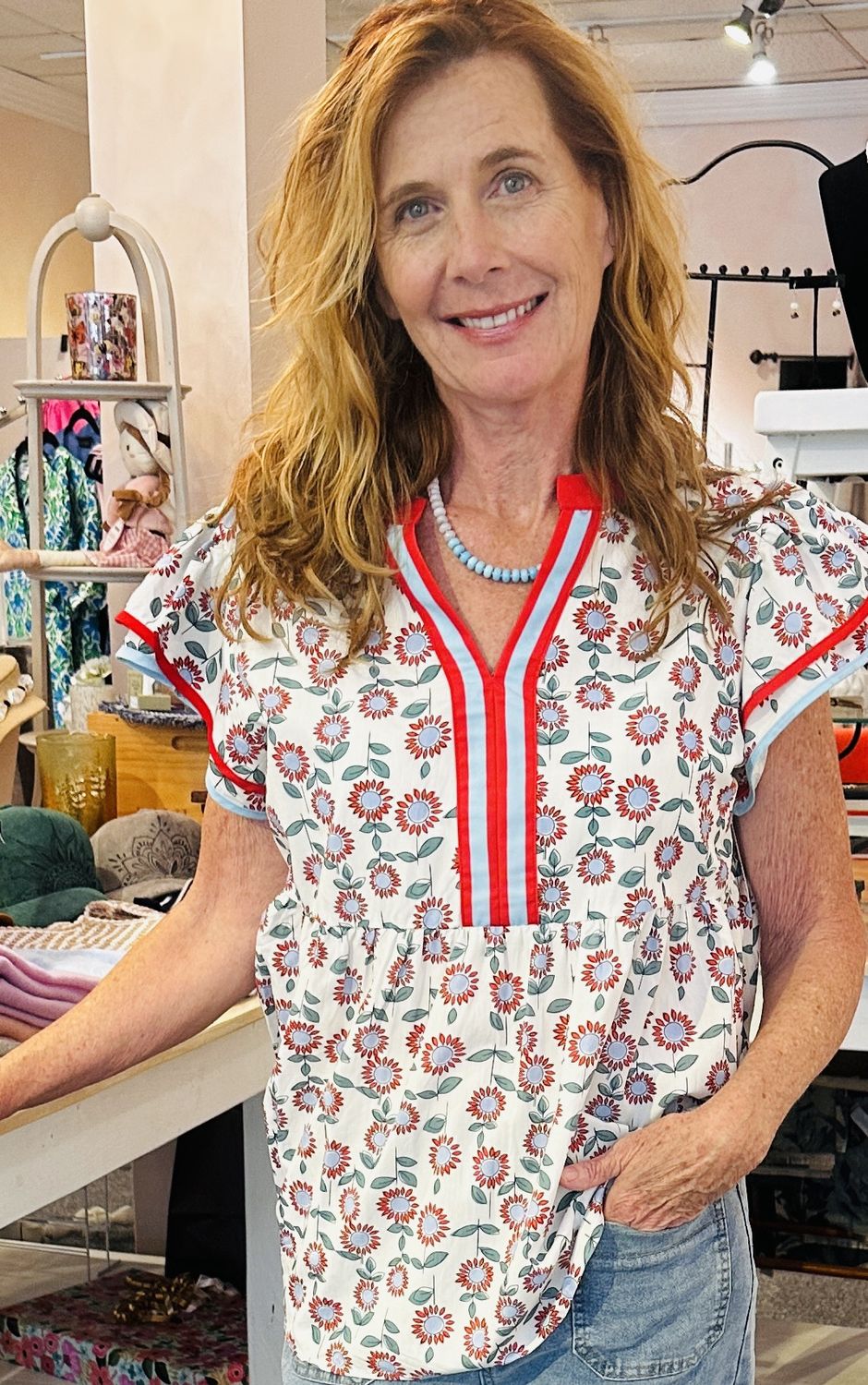 Floral Contrast Trim Top