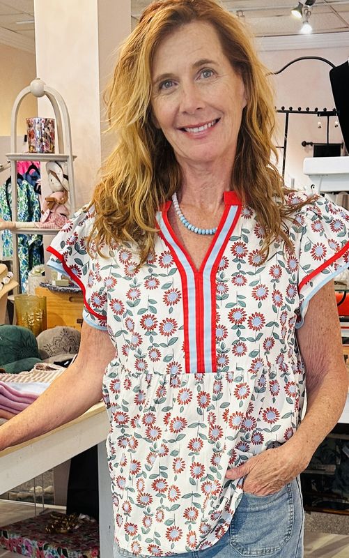 Floral Contrast Trim Top
