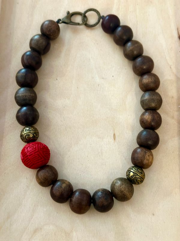 Cinnabar Bead &amp; Brass Wood Necklace