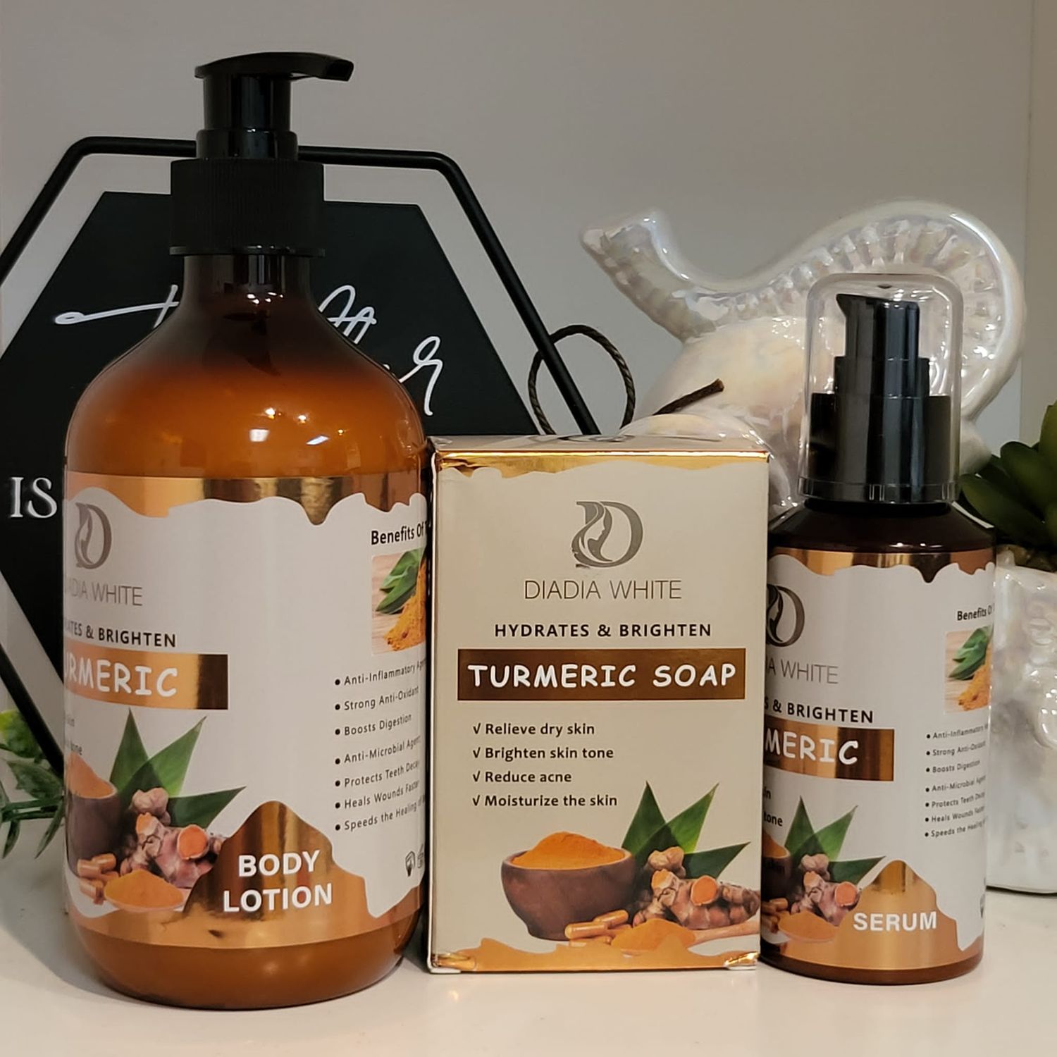 Tumeric lotion, serum and soap