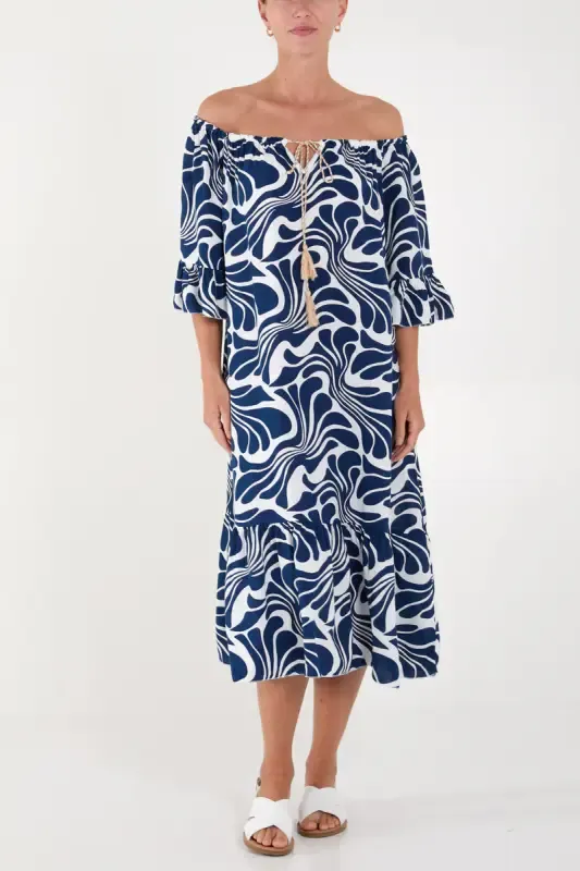 swirl print bardot midi dress