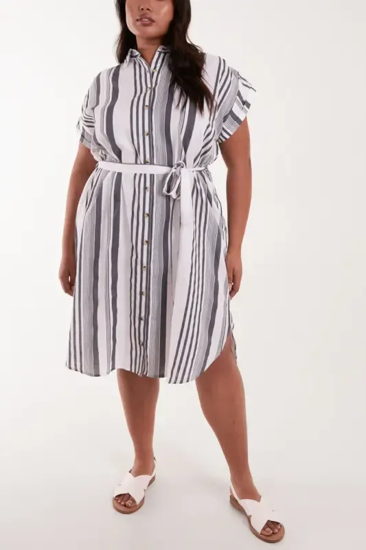 CURVE STRIPE BELTED SHIRT DRESS