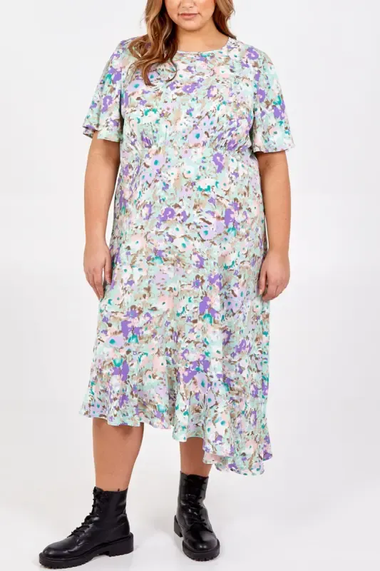 CURVE ASYMMETRIC HEM FLORAL MIDI DRESS