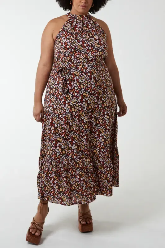 CURVE ANIMAL HALTER NECK MAXI DRESS