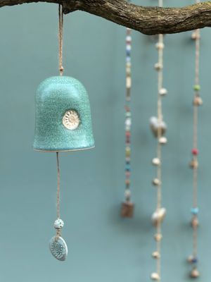 CERAMIC BELL- Green/ Cream
