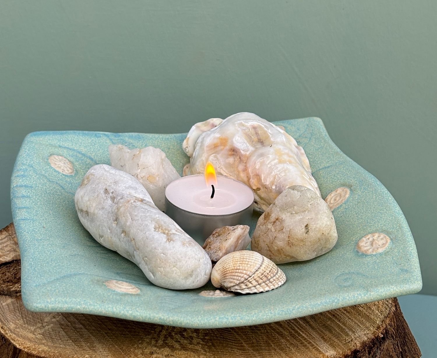 Ceramic Candle Holder- Square/ Blue-Cream