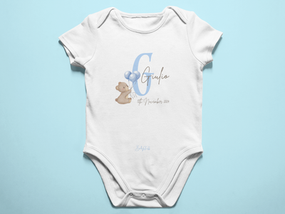 Personalised blue balloon bear bodysuit with customisable name and date, a delightful gift for baby boys.