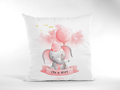 A white baby cushion featuring a pink party-themed baby elephant with a festive hat and balloon, surrounded by stars and an &quot;It&#39;s a Girl&quot; banner.