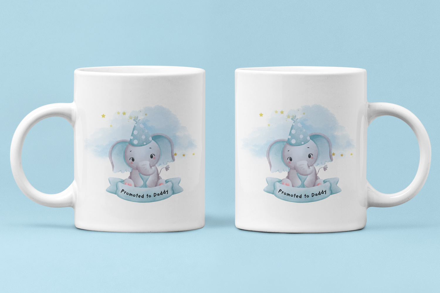 Two white ceramic mugs featuring a cute baby elephant wearing a party hat, holding a &quot;Promoted to Daddy&quot; banner. The background has soft blue clouds and golden stars, making it a heartwarming gift for new dads.