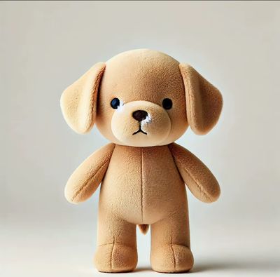 A warm brown plush puppy with floppy ears, a round embroidered nose, and a soft huggable body, stan…