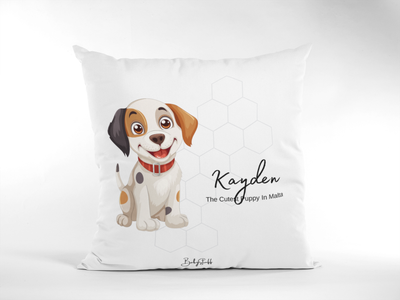 White nursery cushion with a printed design of an adorable puppy named Kayden, personalised with th…