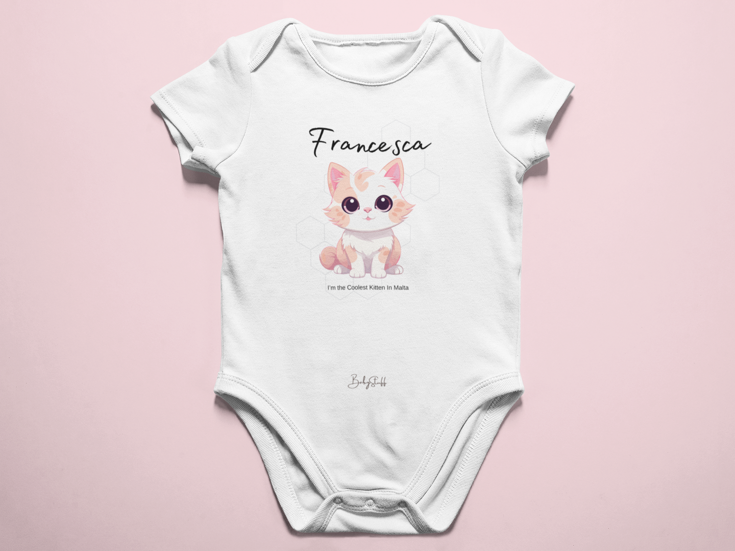 Soft cotton baby grow featuring Elegant Fluff, a pastel kitten design for newborn comfort.
